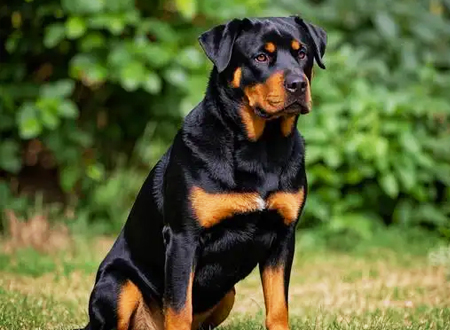 <p> 理想的罗威纳犬是一个中等大小,精力充沛而且非常有力的狗,黑色配有边界清晰的铁锈色斑纹。紧凑而坚固的结构显示出巨大的力量、敏捷度、耐力。雄性比雌性更加魁梧,骨架更大且骨量更多。雌性显得柔美但在结构和体质上不显得软弱。整体外型:罗威纳犬体形中等至大型不等,体重既不太重,也不太轻,腿也不太长,身体也不虚弱。身体比例协调,骨架紧密,肌肉强健有力,灵活而富有耐力。重要比例:由胸板(胸骨)点至坐骨骨节间的身体长度不应超过肩高的15%。</p>